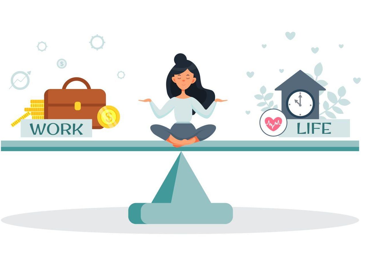 The girl is balancing between work and life. Career or family relationships. Choice. Vector illustration in cartoon style
